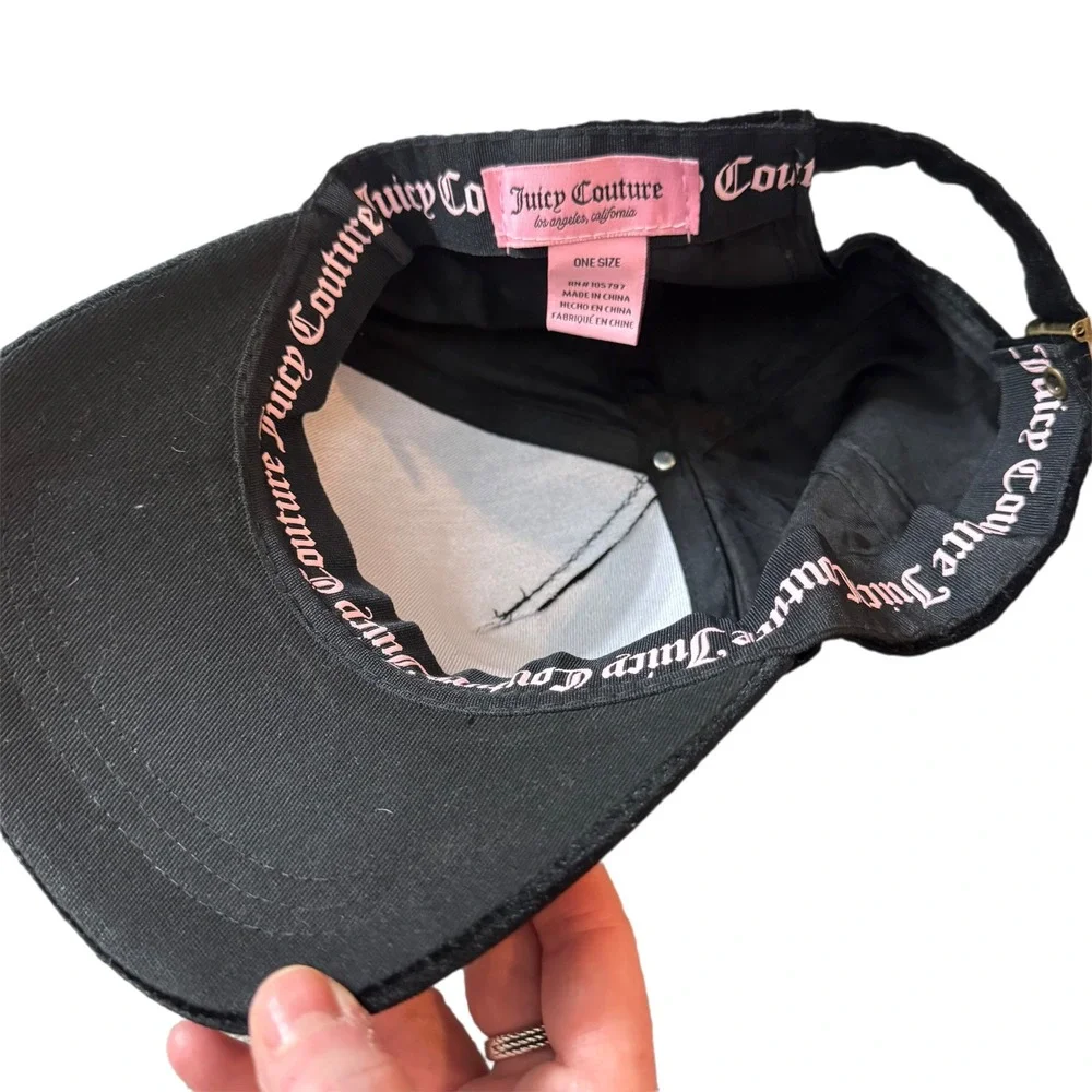 Juicy Couture Black Velvet Rhinestone Logo Y2K Baseball Cap Hat One Size